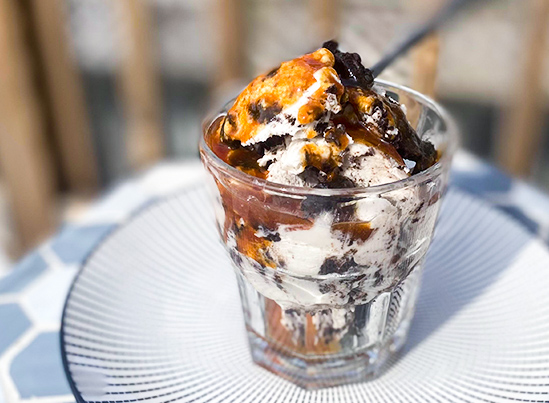 Salted Caramel Coconut Cookie Sundae in a glass