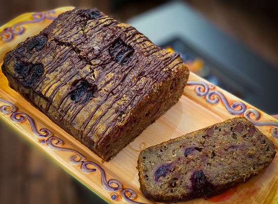 Black Forest Banana Bread on a tray