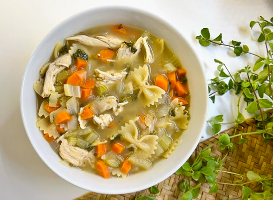 Gut-loving chicken noodle soup in a bowl