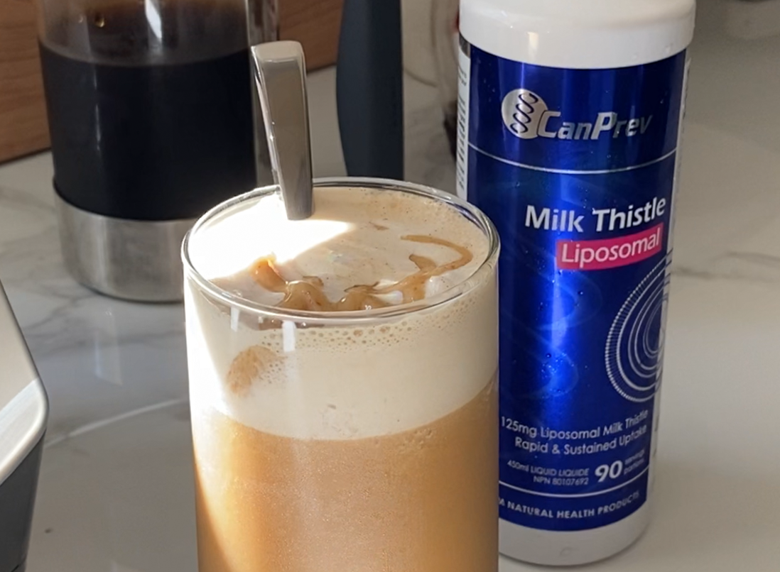 Frothy liver loving liposomal iced coffee in a glass