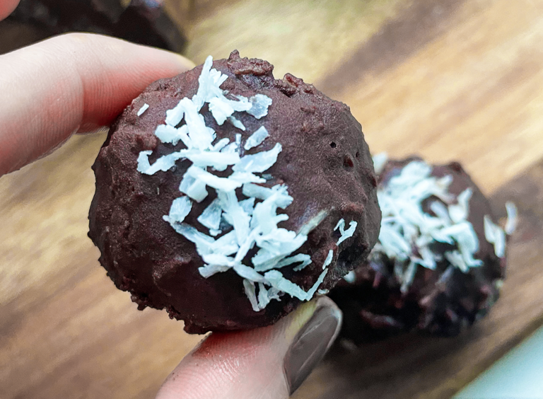 Chocolate Coconut Balls topped with shredded coconut