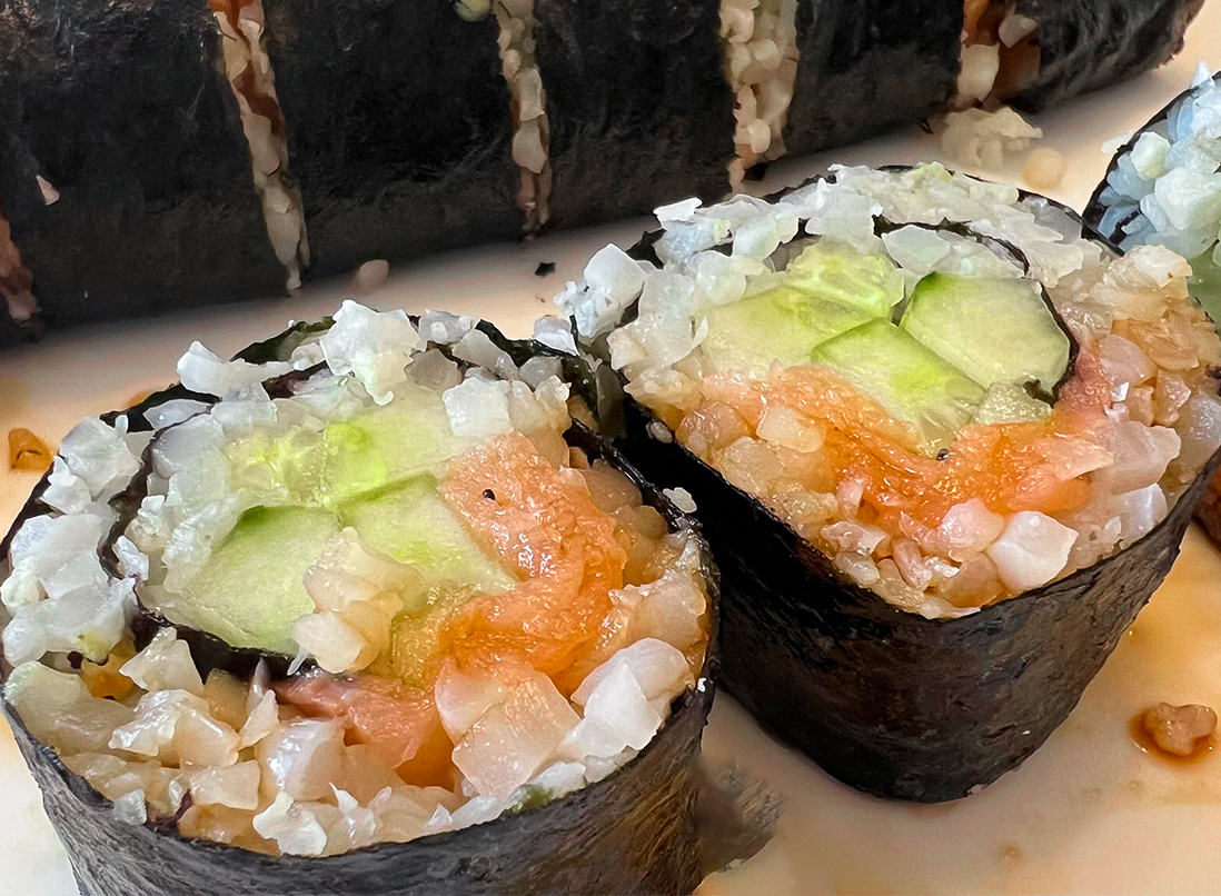 Grain-free sushi rolls with cucumber and salmon