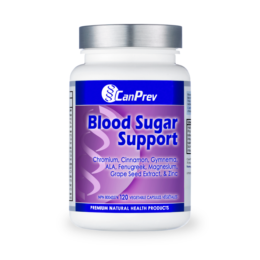 Blood Sugar Support supplement bottle with blue-purple label reading 'CanPrev Blood Sugar Support' and ingredients list.