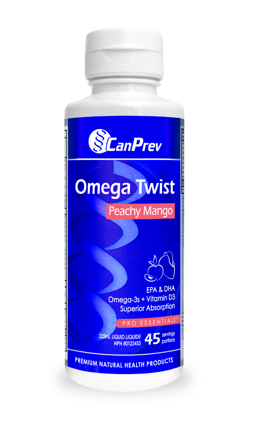 CanPrev Omega Twist Peachy Mango bottle with blue label and white cap, 225 mL, 45 servings (omega-3 supplement)