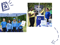 Two outdoor information booths: on the left a team of five volunteers in blue shirts under a canopy; on the right, a person talks at a booth with brochures and a banner.