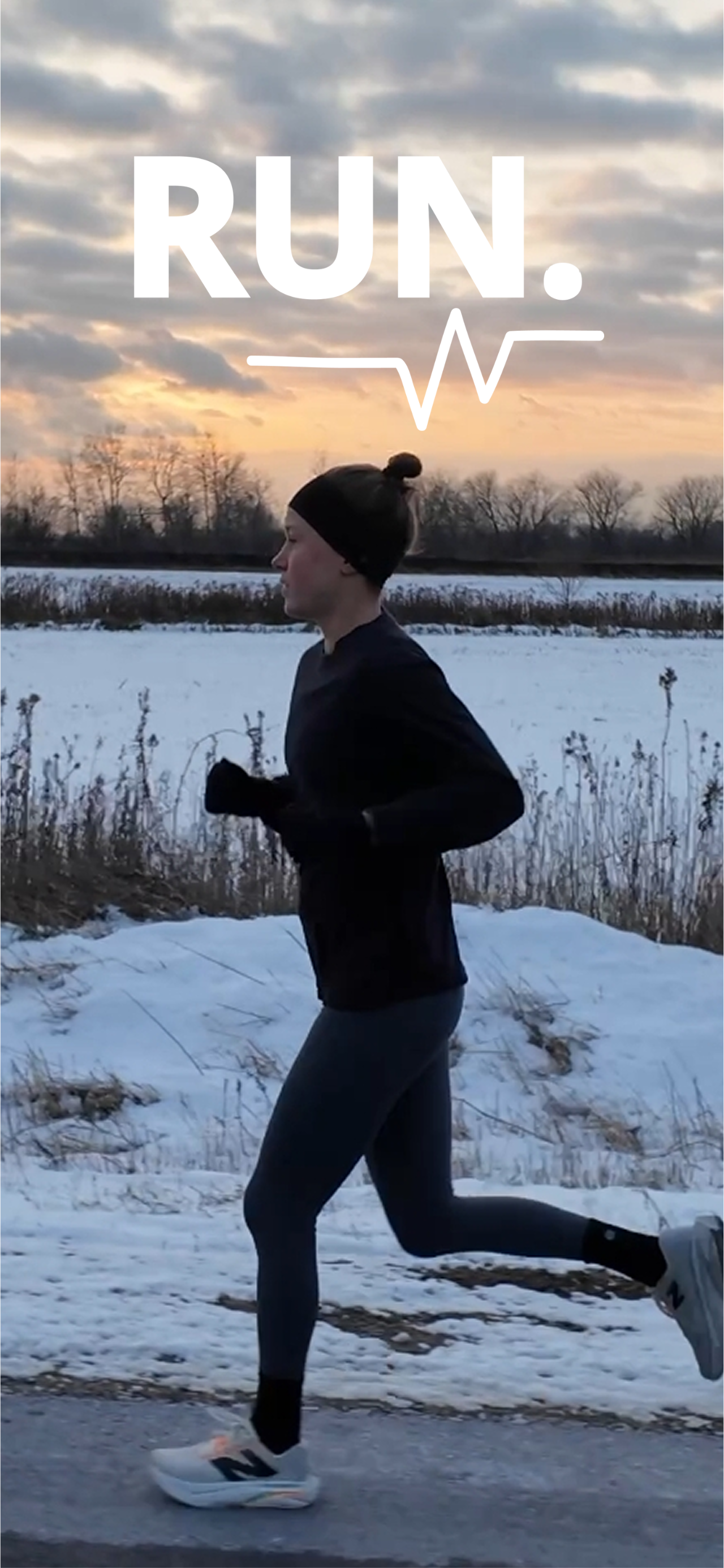 A person running outdoors in a snowy field at sunset, wearing dark athletic clothes and sneakers, with 'RUN.' text overlay in white.