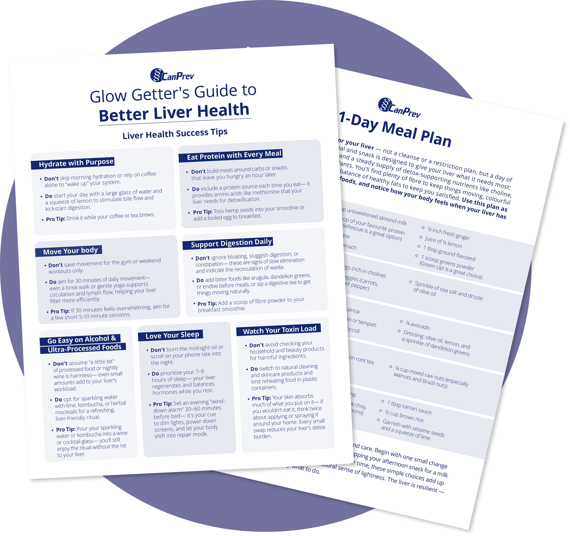 Two CanPrev pamphlets: 'Glow Getter's Guide to Better Liver Health' and '1-Day Meal Plan' with liver-health tips and meal guidance.