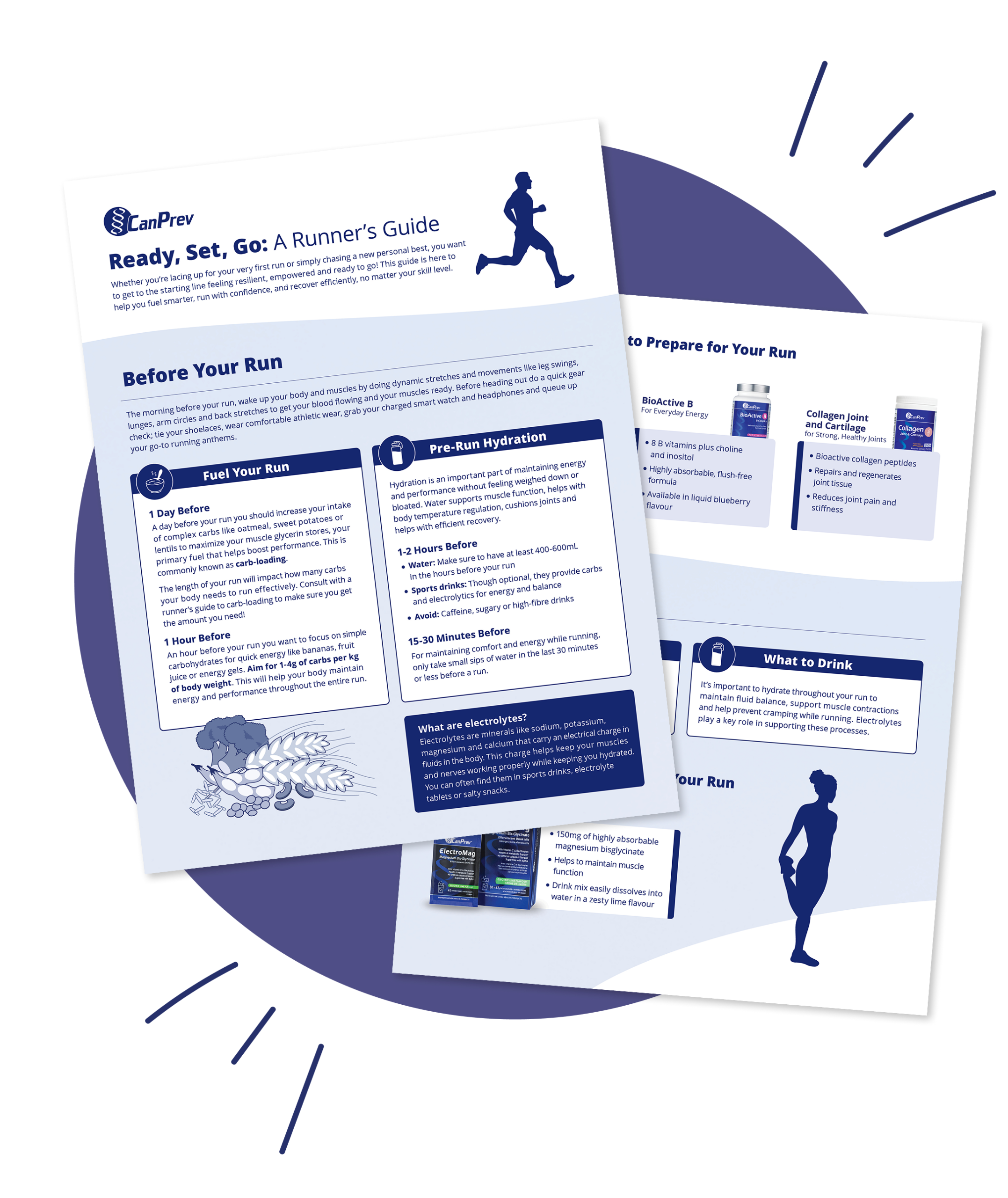 Two CanPrev pamphlets titled Ready, Set, Go: A Runner's Guide and Before Your Run, with a running silhouette and blue design.