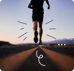 Back view of a person running toward the camera on an open road at sunset, motion lines emphasizing speed.