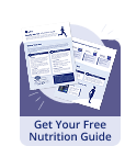 Promo image of a booklet with sample pages and a blue banner reading 'Get Your Free Nutrition Guide'.