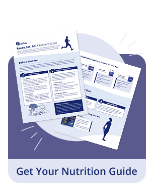 Promotional collage of nutrition guide pages on a dark blue background, with a circular light shape and the caption 'Get Your Nutrition Guide'