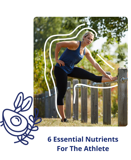 Athlete in a blue top stretches her leg on a fence outdoors; title '6 Essential Nutrients For The Athlete' shown below.