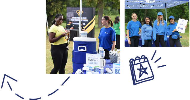 Collage of an outdoor giveaway event: left shows a woman in yellow near a prize table and cooler; right shows four volunteers in blue shirts under a tent holding a sign.
