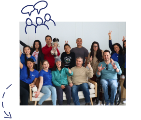 Group photo of diverse adults and teens posing in a room, smiling and giving thumbs up; banner reads 'Join the Sports Nutrition Support'.