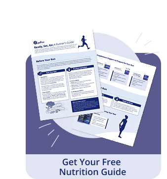 Promotional flyer for a free nutrition guide, showing two sample pages with tips and running graphics on a dark blue background and the text 'Get Your Free Nutrition Guide'.