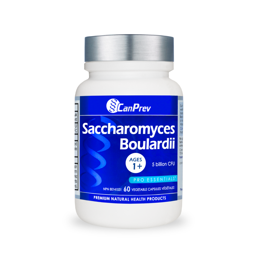 White probiotic bottle with a blue CanPrev label reading Saccharomyces boulardii, for ages 1+, 5 billion CFU, 60 vegetable capsules (metal cap).