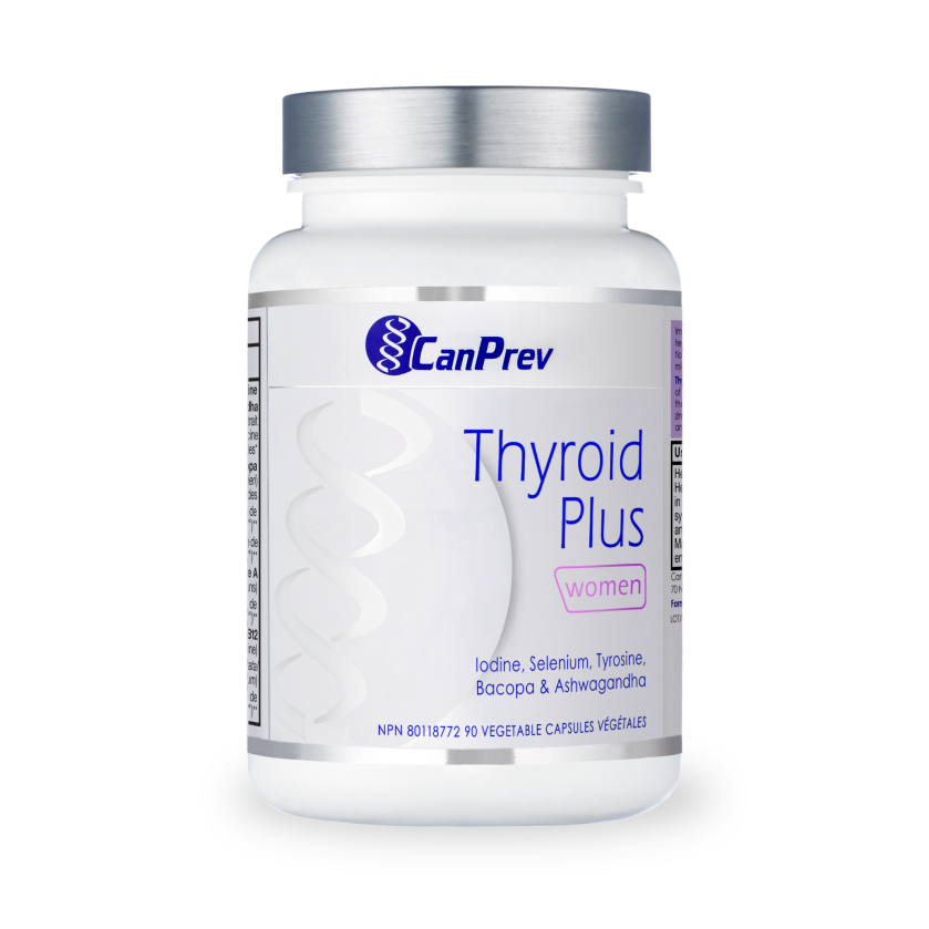 Bottle of CanPrev Thyroid Plus for women dietary supplement with a silver cap and white label showing the brand name and product details on a clean background with a subtle DNA graphic.