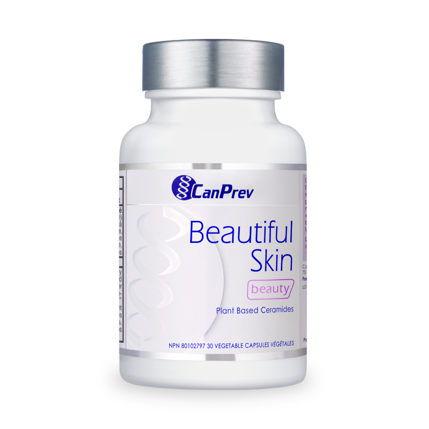 White supplement bottle labeled CanPrev Beautiful Skin with plant-based ceramides on a white background