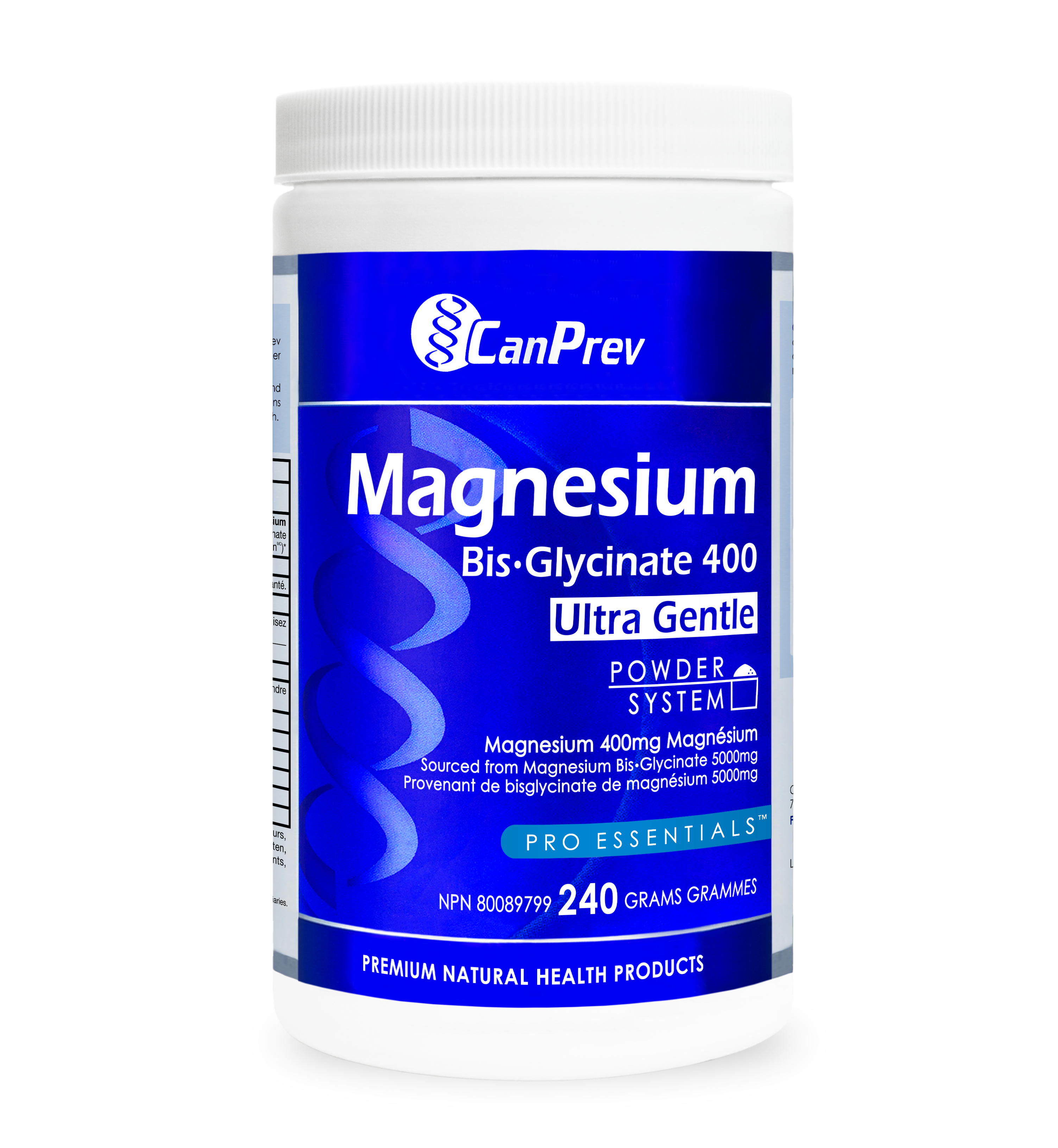 Bottle of CanPrev Magnesium Bis-Glycinate 400, Ultra Gentle powder supplement with a blue label and white cap, shown upright on a dark background.