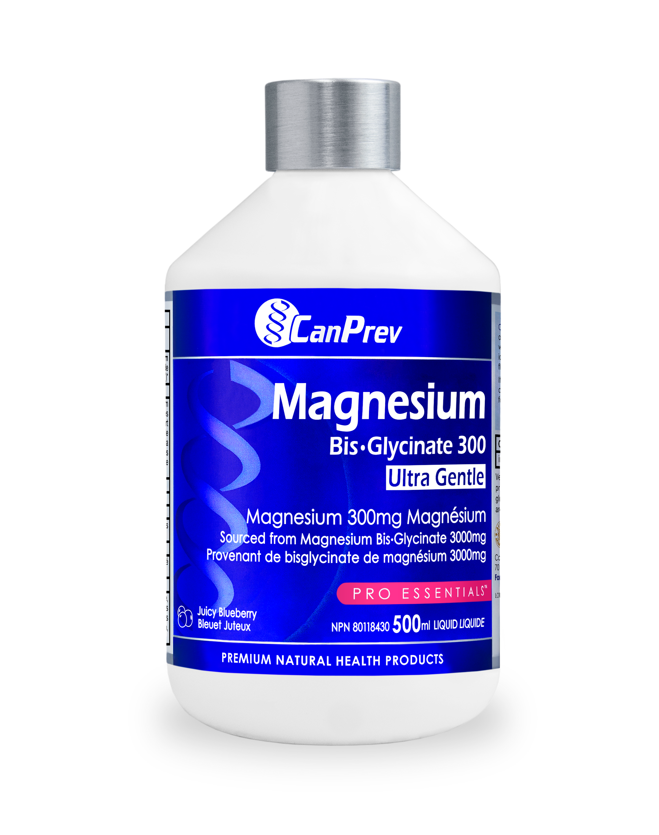 Magnesium supplement bottle labeled CanPrev with blue label and silver cap, 500 mL liquid (Ultra Gentle)