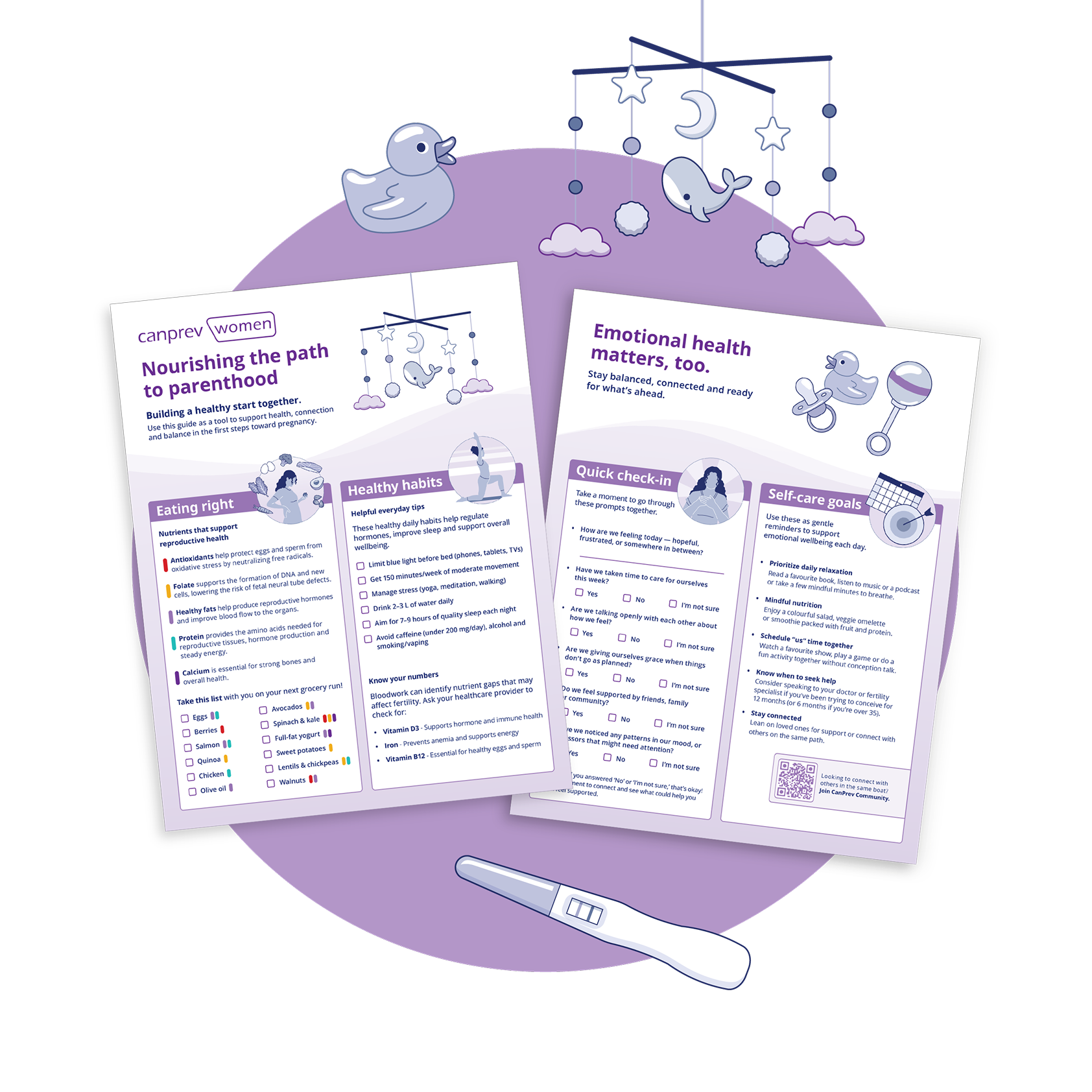 Two white pamphlets with purple text and illustrations, about parenting and emotional health, on a purple circular background with a baby mobile overhead.