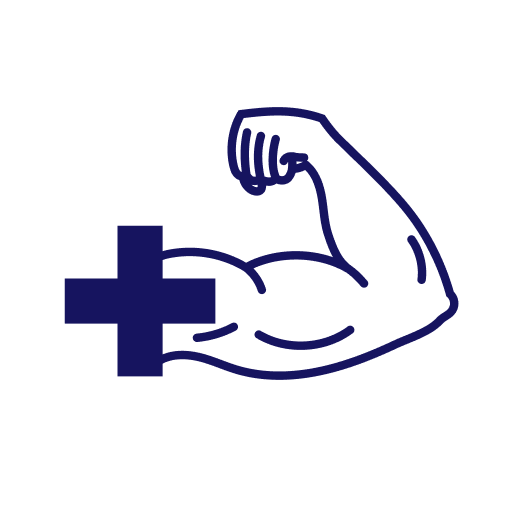Muscle health Flexed bicep illustrated with a blue medical cross, symbolizing strength and health care fitness services